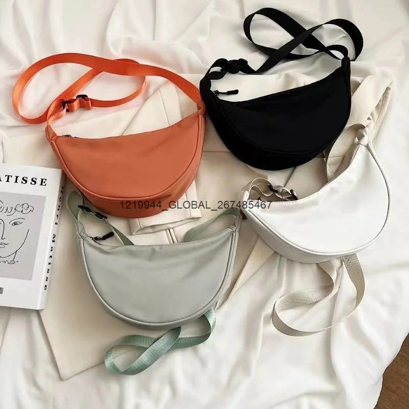 PHO Women Cute Chest Bag Large Capacity Solid Color Travel Crossbody Bag Half Moon Nylon Daily Casual Shoulder Bag FH022
